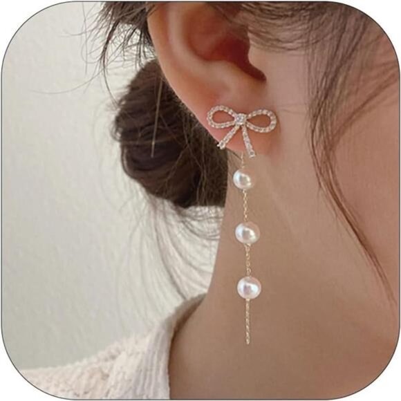 Bow Pearl Drop Earrings | Coquette Minimalist Jewelry, Wedding & Party - Picture 2 of 6
